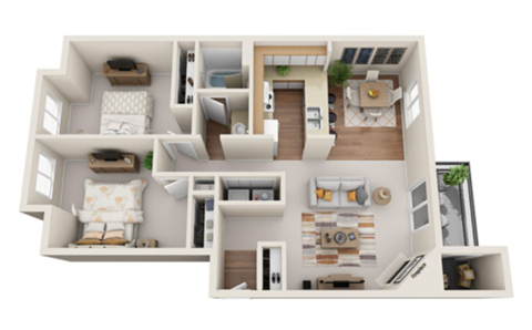 Floor plan for 2 beds, 1 bath, 998 sqft
